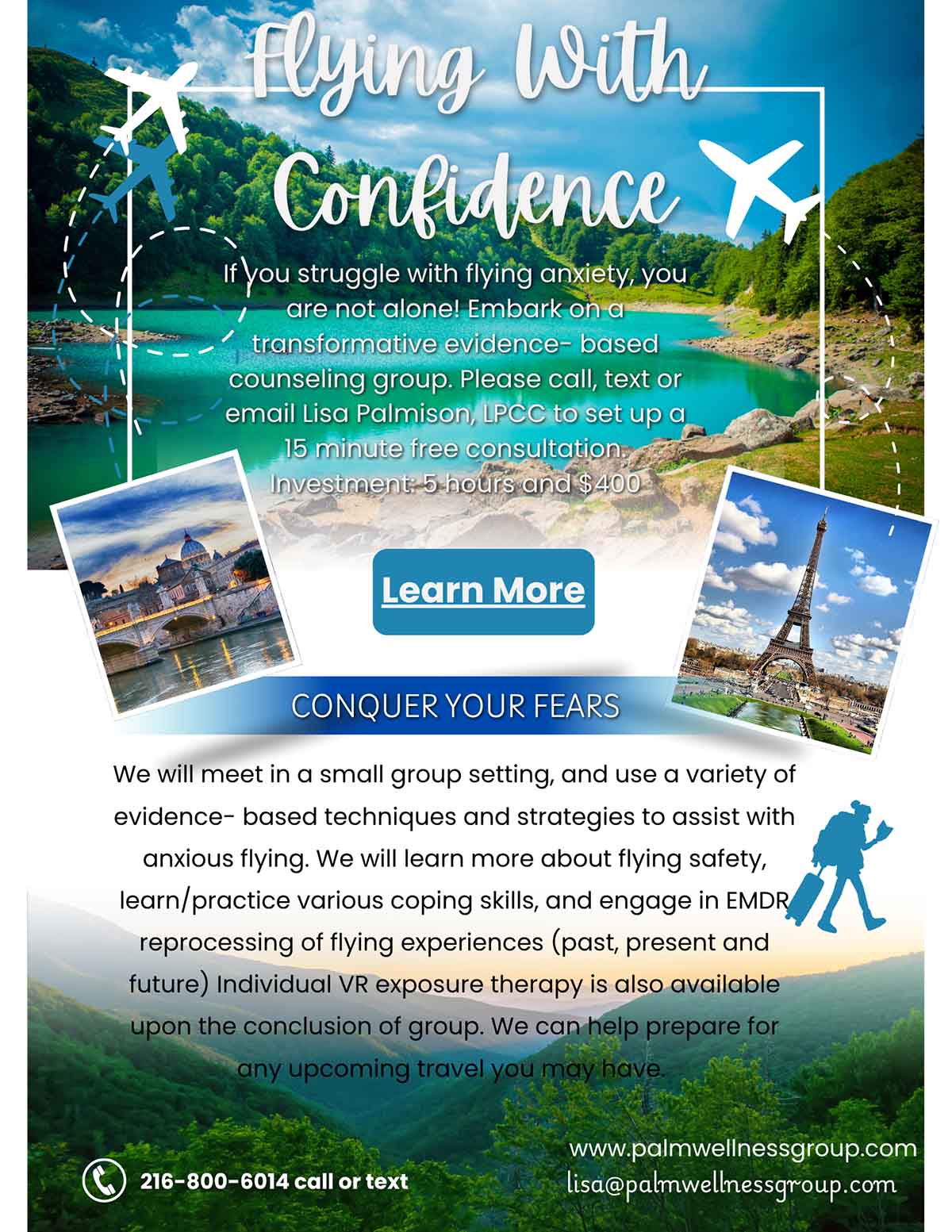 Flyer that discusses flying anxiety and flying with confidence